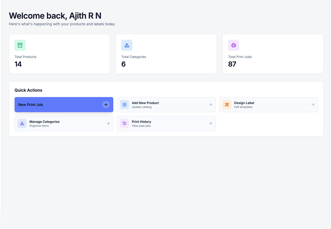 NutriTag Pro dashboard showing print job statistics and compliance health overview