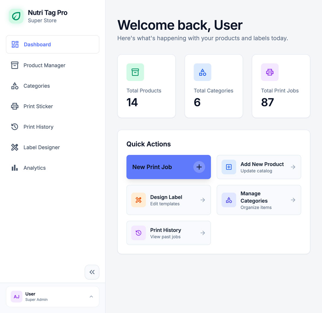 NutriTag Pro label editor showing a FSSAI-compliant nutrition label design with ingredients and nutritional facts