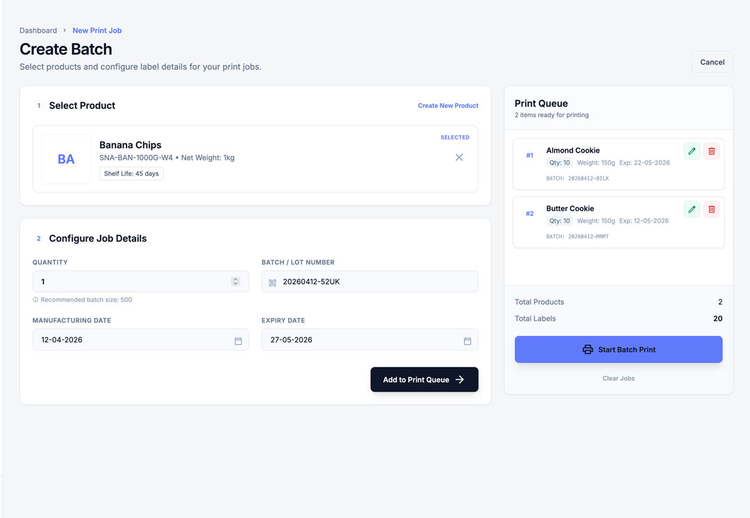 NutriTag Pro batch print queue showing multiple food labels ready for bulk printing