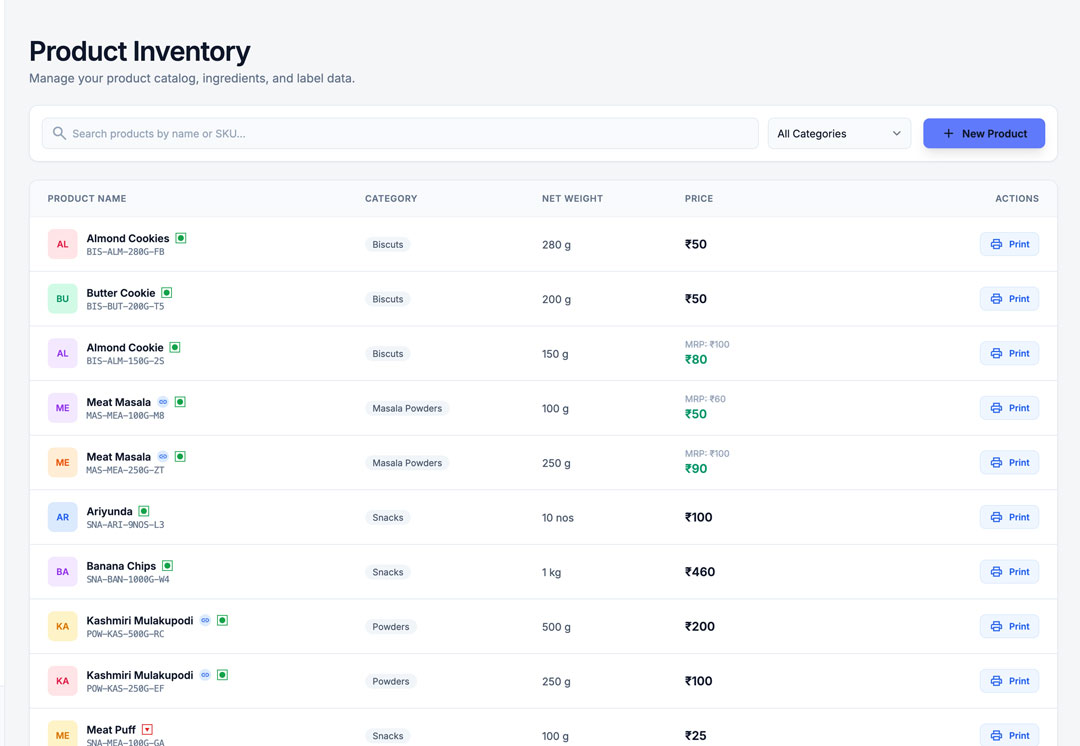 NutriTag Pro product manager listing all food products with their nutritional data