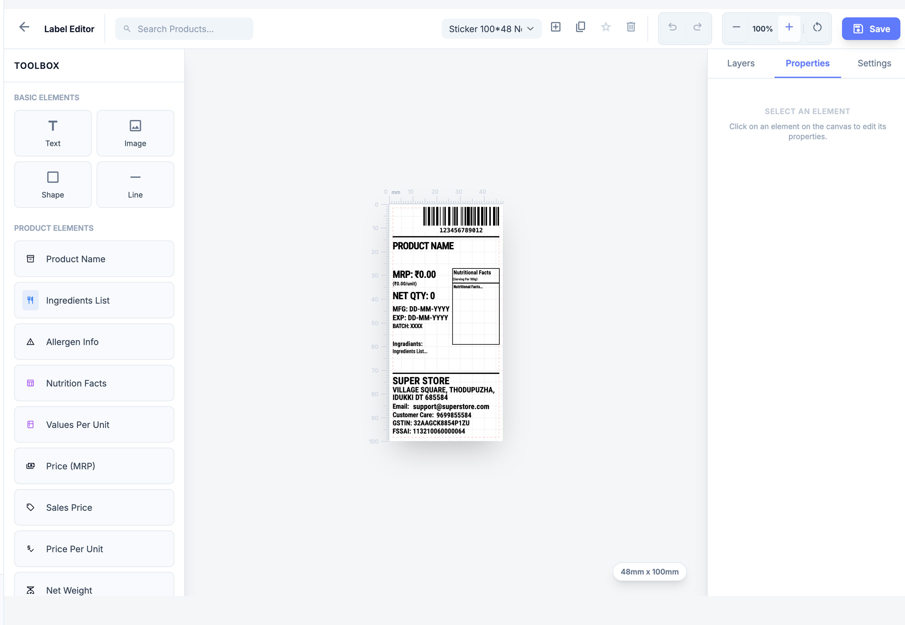 NutriTag Pro label editor interface showing a completed FSSAI nutrition label with barcode and product branding